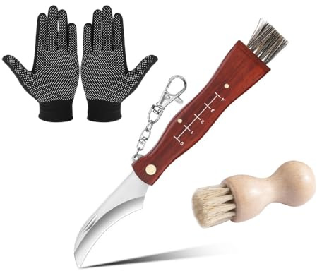 Norhogo Couteau à Champignons Avec Brosse et Règle - Couteau de Poche Pliant en Acier Inoxydable, Brosse à Champignons en Bois et Gants Inclus