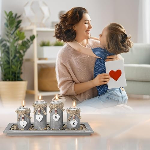 GoMaihe Tealight Candle Holders with Tray: 3-Pcs Wooden Candlestick Set for Dining Table Centrepiece Ornaments for Living Room, Gift for Mum Birthday Present, Heart