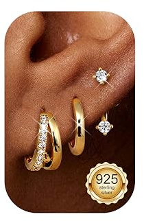 Finrezio 3 Paar Ohrringe Silber 925 für Damen Creolen Silber Gold Ohrstecker Silber 925 Hypoallergen Ohrringe Klein Creolen Huggie Piercing Ohr Gold Silber Ohrringe Schmuck Gold