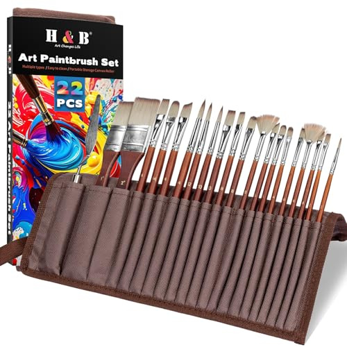 H&B 22pcs Professional Paint Brush Set with Canvas Roll for Art Sketching