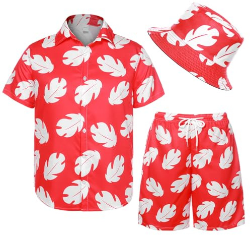 Angenster Set di camicia hawaiana da uomo e pantaloncini, 2 pezzi, abiti estivi da spiaggia con cappelli alla pescatora, Rosso, XL