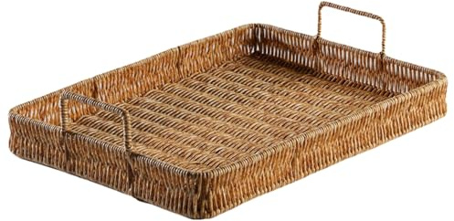 Rectangle Wicker Trays with Handles 16.3x12.4x3.5 Handmade Plastic Rattan Tray Large Capacity Wicker Storage Basket for Coffee Table Home Decor Coffee Bread Fruits Snacks