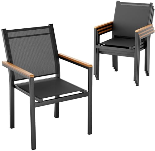 LIFERUN Gartenstuhl 4er Set, Aluminium, Stapelbarer Esszimmerstuhl Textilene, WPC Handlauf, Balkonstühle, für Terrasse, Balkon, Terrasse, Pool, Restaurants, Wetterfest, Schwarz, 4 PCS