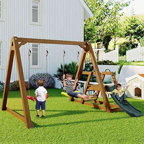Jaxenor - Balançoire de jardin en bois avec 2 sièges, balançoire de jardin avec structure, balançoire de jardin robuste pour enfants avec toboggan et échelle d’escalade, structure de balançoire