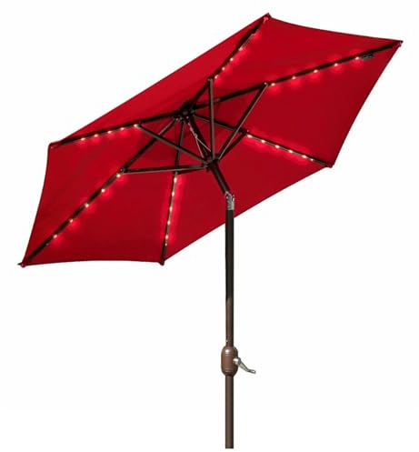 Parasol De Jardin De 2.0 M avec Éclairage LED Solaire, Parasol D'extérieur À 6 Baleines avec Manivelle Et Fonction D'inclinaison pour Bord De Piscine, Terrasse, Patio Et Balcon(Wine Red)