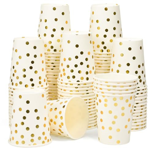SLTAXAR 100 PCS Vasos de Papel Desechables 250ml, Vasos de Papel Blancos con Puntos Dorados, Vaso de Cartón Blanco Biodegradable, Vaso de Fiesta para Agua Café Bebidas Frías y Calientes