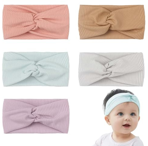 WUERKIYA Diademas para bebé niña recién Nacida – Set de 5 Unidades de Cintas elásticas Trenzadas Suaves – Colores Pastel (Rosa Carne, marrón, Azul, Gris, Lila) – Accesorios para fotografía, Uso diari