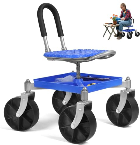 Garden Cart Rolling Workseat with Wheels - 360° Swivel Rolling Garden Stool 4 Wheels Gardening Seat Cart with Tool Tray,Adjustable Height Mobile Gardens Kneeler Picking Rotary Stool for Outdoor