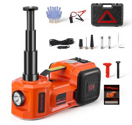 Haedswer Gato hidráulico eléctrico 5T 12 V Auto Elevador (rango de elevación 15-54 cm) con compresor de neumáticos, luz LED de trabajo para cambio de neumáticos y taller, para SUV, MPV, sedán, camión