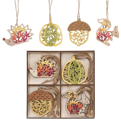 GWAWG 24 Pièces Décoration d'automne en Bois Hérisson écureuil Pomme de Pin Citrouille 6 cm Décoration de Fenêtre à Suspendre pour Thanksgiving décoration Colorés avec Cordon pour Accrocher