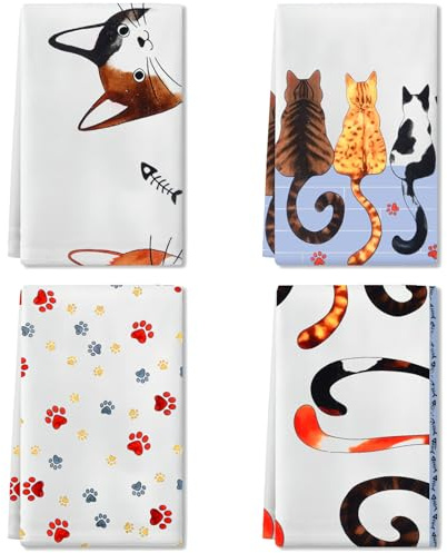 Ecofocet 4PCS Torchons de Cuisine, Essuie Main Absorbante, Motif de Chat de Dessin animé, Torchon Vaisselle, Bar Multi-usages, Doux et absorbants Serviettes de Cuisine, 45 cm x 66 cm