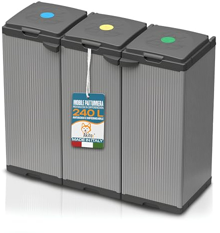 AKITAInk Tris Pattumiera Differenziata 80-110 Litri Totali 240-330L - Mobile Raccolta Rifiuti con 3 Contenitori, Doppia Apertura, Plastica Resistente, Made in Italy
