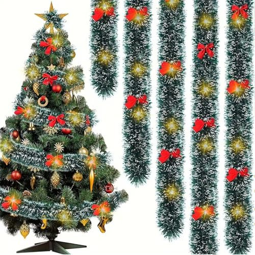 Weihnachtsgirlande mit Beleuchtung, 100 LED Tannengirlande mit Beleuchtung Girlande Weihnachten mit Rot Schleifen Weihnachtsdeko Girlande mit LED Lichterkette für Tür Treppe Kamin (10M-A)