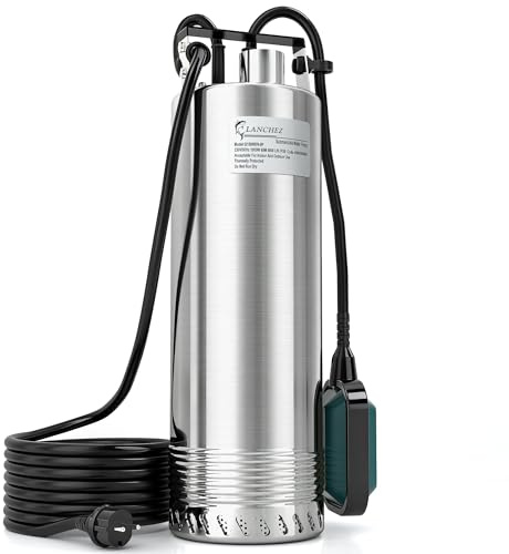LANCHEZ 1500 W Tauchpumpe mit schwimmer, Tauchdruckpumpe mit 6800 l/h Fördermenge, Förderhöhe max. 60 m, Eintauchtiefe max. 16 m, Wasserpumpe für Keller, Landwirtschaft, Gartenbau