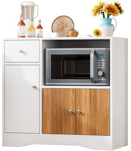 Uptyia Aparador de Cocina con 3 Puertas, Cajón y Estante para Microondas | Mueble de Almacenaje, Blanco y Madera Natural, 83 × 40 × 80 cm