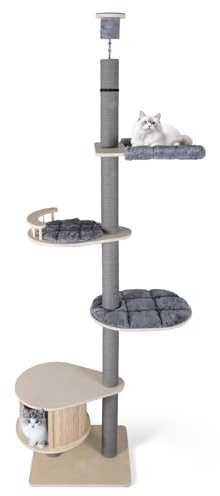 GOPLUS Kratzbaum deckenhoch, 236-271 cm Katzenbaum 5-stufig, vom Boden bis zur Decke reichender Katzenspielturm mit gepolsterter Hängematte, Katzenhaus & Kratzsäule, Katzenbaum mit Plattform