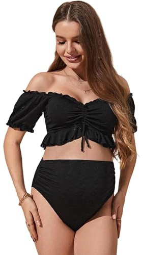 Wsdsgz Maillot de bain de maternité taille haute 2 pièces à volants à manches courtes bikinis maillot de bain avec cordons de serrage froncés maillot de bain de grossesse taille haute