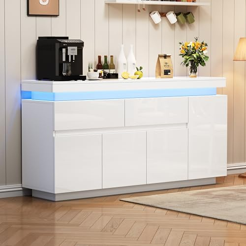 Merax Home Sideboard mit LED-Leuchte, Hochglanz Kommode Aufbewahrungsschrank mit 2 Schubladen & 4 Türen, verstellbare Regale, Mehrzweckschrank Standschrank TV-Schrank, für Wohnzimmer Esszimmer, Weiß