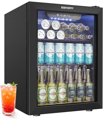 EUHOMY Getränkekühlschrank mit Glastür, 48L Mini Kühlschrank für 68 Dosen, Leiser Bierkühler mit LED & Digitalanzeige, Freistehend für Home Bar, Büro, Schlafzimmer & Gaming Room