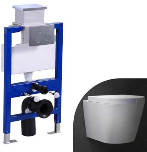 Bathroom Round Rimless Wall Hung Toilet with 0.82M Concealed Cistern Frame Set & Round Sliver Dual Flush Plate