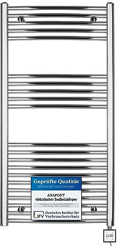 anapont elektrischer Badheizkörper - chrom gebogen - Timer-Funktion - Handtuchheizkörper - Badheizung elektrisch - Handtuchheizung - Made in Germany (KTX-3, 1175h x 500b)