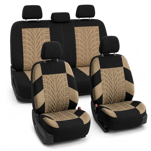 FH Group Car Seat Covers Full Set Premium Cloth - Universal Fit, Automotive, Low Back Front Washable Seat Covers, Airbag Compatible, Split Bench Rear Seat for SUV, Sedan Beige