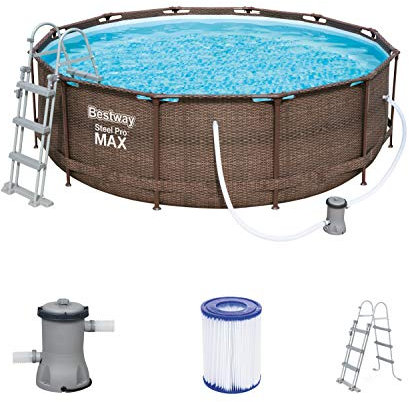 Bestway 56709 | Steel Pro MAX - Piscina Fuori Terra Rotonda, 366X100 cm, Pompa di Filtraggio e Scaletta Incluse, Effetto Rattan