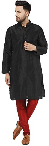 SKAVIJ Uomo Tunica Seta d'Arte Kurta Pigiama Set Vestito da Sposa Nero_S