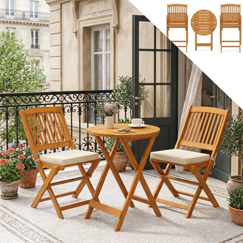 GOPLUS Salon de Jardin Exterieur 2 Personnes, Table Bistrot en Bois Acacia avec 2 Chaises 2 Coussins Amovibles, 3PCS Table Balcon 2 Places Pliante pour Terrasse, Cours (Blanc)