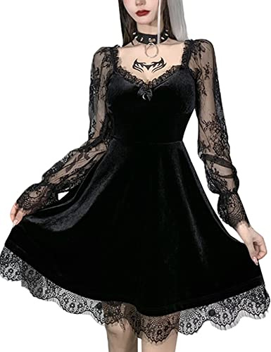 Grufti-Kleid für Damen, Lolita-Kleid mit Spitze, Langarm, schwarz, Retro, Punk, Puffärmel, A-Linie, ausgestellt, kurzes Kleid, F-schwarz, L