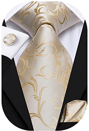Hi-Tie Herren Seiden Beige Krawatte Set Jacquard Krawatte mit Einstecktuch Manschettenknöpfe Für Hochzeit