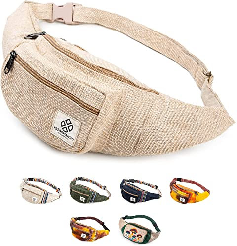 Freakmandu Unisex Hanf Gürteltasche – Fanny Packs, Hüftgürteltasche zum Umhängen, Boho Hippie Stil, Handgefertigte Hüfttaschen für Wandern, Laufen, Joggen, Männer und Frauen, Nirvana