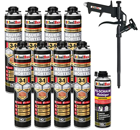 Isolbau Mauermörtel Set: 8x 750 ml PU-Mörtel 1x 500 ml Pistolenreiniger 1x Teflon Schaumpistole, PU-Reiniger, Montageschaum, Pistolenschaum