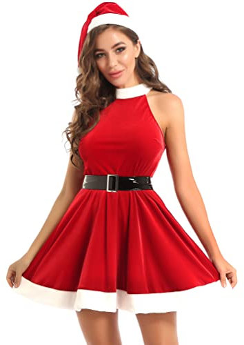 inhzoy Damen Santa Claus Kostüm Sexy Weihnachtskleid Mit Weihnachtsmütze Frauen Weihnachtskostüm Halloween Party Cosplay Outfit Rot_E S