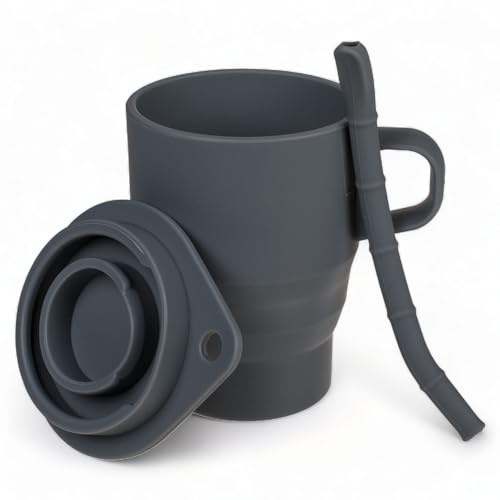 MIJOMA Ausziehbarer Silikon-Reisebecher mit Deckel und Trinkhalm, Reise-Kaffeetasse faltbar, Silikon-Kaffeetasse wiederverwendbar, Lebensmittelqualität, 150-280ml ca. 10x10cm (Hellgrau)