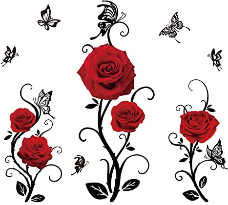 SUPERDANT Rote Rose Wandtattoo 74x58cm DIY Vinyl Wanddekoration | Abnehmbar, Blumen & Schmetterling Design, DIY Vinyl, Für Schlafzimmer, Sofa, TV Hintergrund
