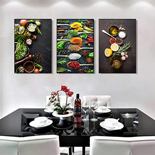 Trayosin Küche Poster 3er Set - Gewürz Leinwand Bilder Wanddeko für Wohnzimmer, Küche & Esszimmer | Moderne Wandbilder Kunstdruck, Ohne Bilderrahmen (50x70cm)