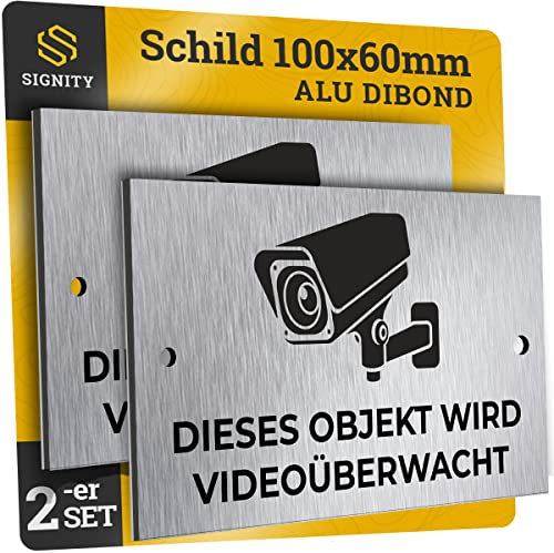 2-er SIGNITY Alu Schild Videoüberwachung (100 x 60mm klein) - Warnschild Kamera Überwachung - ideal zur Kamera Attrappe - Aluminium - Achtung, für Privatgrundstück
