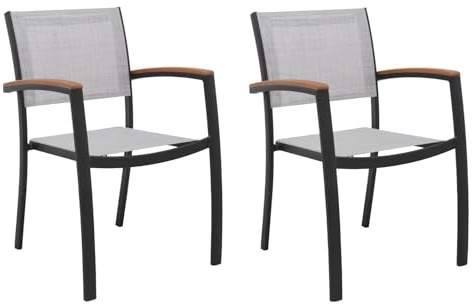 Home4You Gartenstuhl 2er Set – Terrassenstühle stapelbar – Balkonstühle Aluminium schwarz – Textilen grau – Armlehnen Eukalyptusholz – 55x85x48 cm