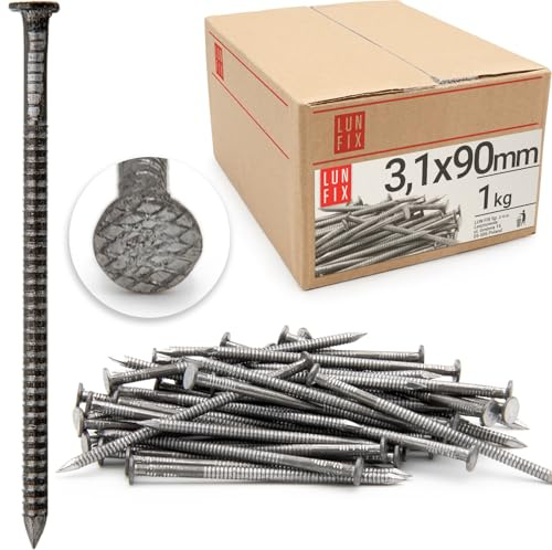 Holznägel 3,1 x 90 mm 1kg ca. 175 Stk Flachkopf Rillennagel Bauarbeiten | Unverzinkter Baunägel lang Drahtstifte Nägel für Tischlerarbeiten, Dachkonstruktionen, Zimmerleute