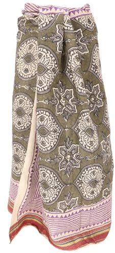 GURU SHOP Lätt pareo, sarong, handtryckt bomullstyg, Lungi med vävkant – oliv/rosa, män/kvinnor, bomull, 190 x 120 cm