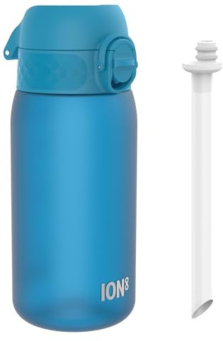 ion8 Kinder Trinkflasche Mit Strohhalm, 350ml, Auslaufsicher, Einhandöffnung, Sichere Verriegelung, Spülmaschinenfest, BPA-frei, Tragegriff, Klappdeckel, Leicht zu Reinigen, Klimaneutral, Blau