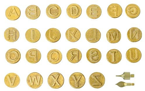 Brandmalerei Lederbrennset, 26 Buchstaben Kupferform Schablonen zum Prägen, DIY Holz Brennen Löten Tipps Schnitzwerkzeug Set, für Leder Gravieren Schweißen (A)
