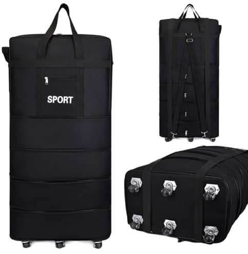 Erweiterbare Extra Große Reisetasche, Faltbare Gepäcktasche mit Rollen, wasserdichte, Leichte Koffer Ohne Teleskopgriff (Noir)