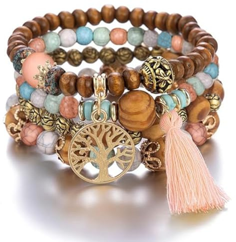 LICHUANUK Boho-armband, 4 stycken träpärlor, tofs, chakra-armband för kvinnor, naturlig kristall, helande stenar, armband för kvinnor, livets träd, berlock, statement-armband, kristallpärla