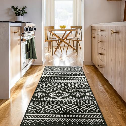 Björn&Schiller Teppichläufer 60x180 cm, Rutschfester Teppich für Diele, Schlafzimmer und Wohnzimmer, moderner Flurteppich lang, hochwertiger Küchenteppich schwarz