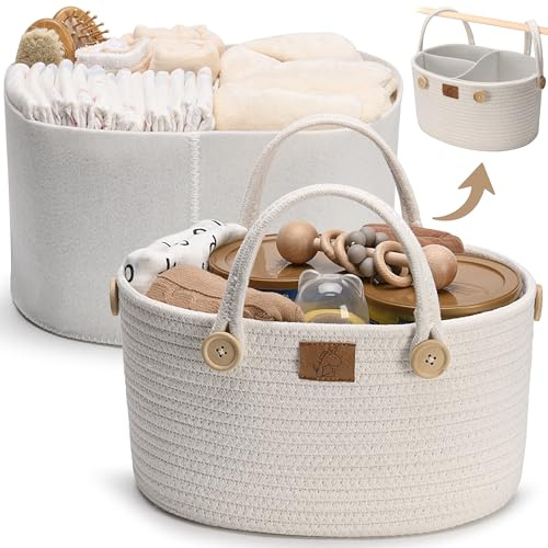 Diaper Caddy Hanging Organizer, Detachable Versatile Handles 2-Layer Storage Nursery Hanging Basket for Stroller, Crib, Changing Table Cotton Rope Organizer for Baby Essentials l Baby shower Gifts