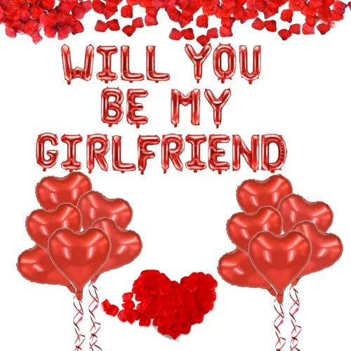 Will You Be My Girlfriend-Dekorationen – Valentinstagszubehör, 21 Rote Buchstaben- und 12 Herzballons, Folienballons Mit Rosenblättern für Romantische Anlässe, Buchstaben Luftballon