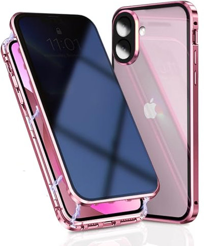 OMGZONE Coque de confidentialité magnétique pour iPhone 16, protecteur d'écran intégré en verre trempé anti-peep avec protecteur d'appareil photo, coque antichoc en métal à 360 degrés pour iPhone 16