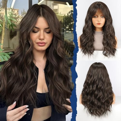 HAIRCUBE Parrucca da Donna, Parrucca Lunga Riccia con Frangia, Parrucche per Donne in Nero Naturale, Capelli Sintetici Naturali, 22 Pollici, Adatta per Halloween/Feste/Usura Quotidiana(Nero Naturale)